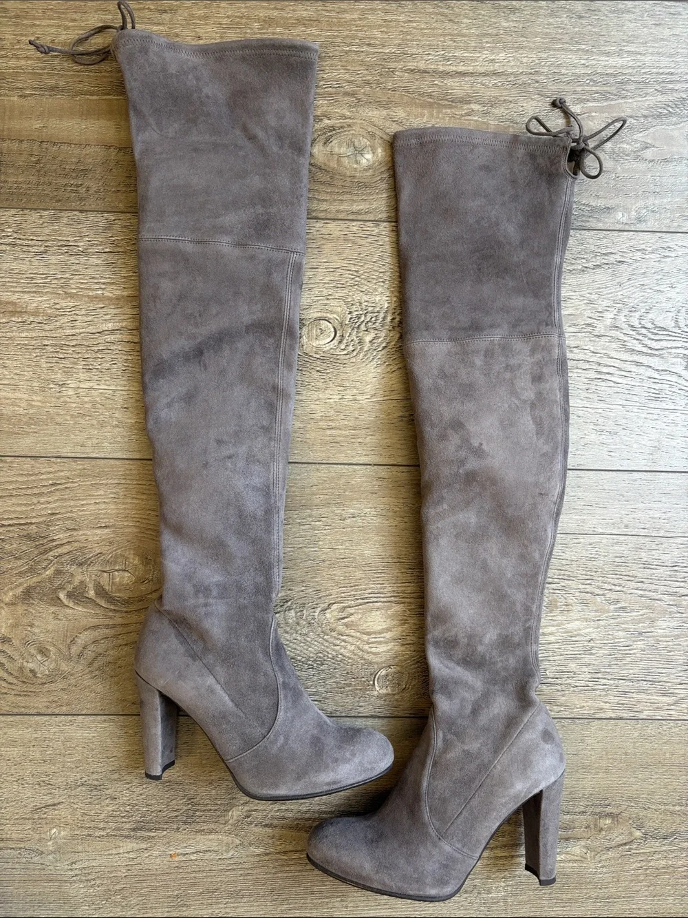 Stuart Weitzman Highland Over the Knee Grey Suede Block Heel Boots Back Lace-up
